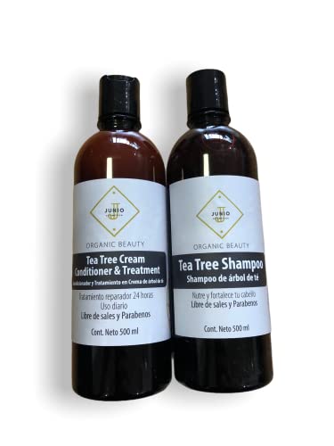 PACK SHAMPOO Y TRATAMIENTO TEA TREE SIN SALES NI PARABENOS 2 UNIDADES 500ML C/U JUNIO COSMETICS