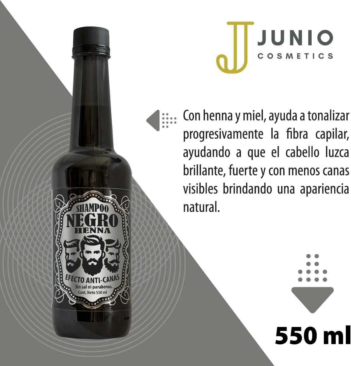 Shampoo anti-canas con henna y miel, cubre gradualmente las canas con uso diario, 550 ml,