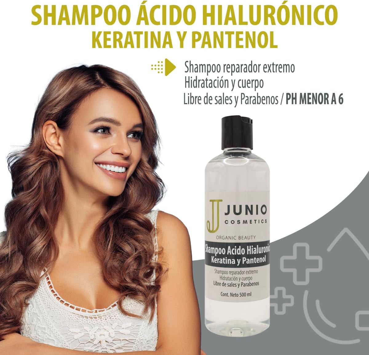 JUNIO - Shampoo con ácido hialuronico - Shampoo keratina - shampoo pantenol - Shampoo 500 ml - hipoalergénica - Aromaterapia - (No probado en animales)<
