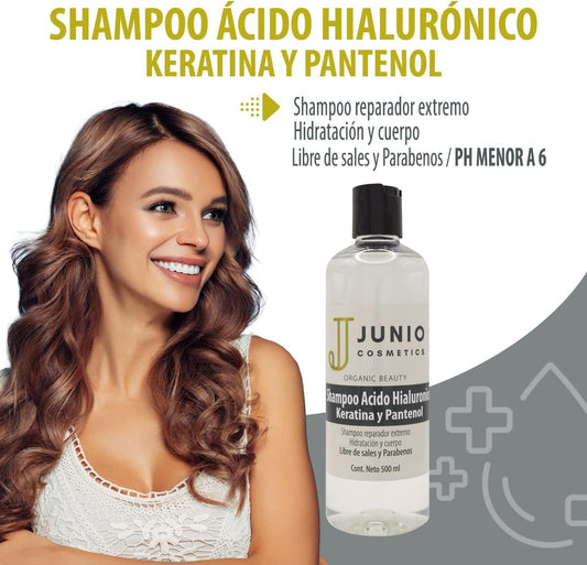 JUNIO - Shampoo con ácido hialuronico - Shampoo keratina - shampoo pantenol - Shampoo 500 ml - hipoalergénica - Aromaterapia - (No probado en animales)<