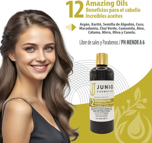 Junio cosmetics tratamiento para cabello seco - 12 aceites para nutrir - tratamiento cabello seco y maltratado - 500ml - sin sal - sin parabenos - tratamiento capilar