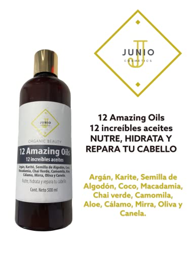 TRATAMIENTO 12 ACEITES ESENCIALES PARA NUTRIR TU CABELLO 500ML SIN SAL NI PARABENOS JUNIO COSMETICS
