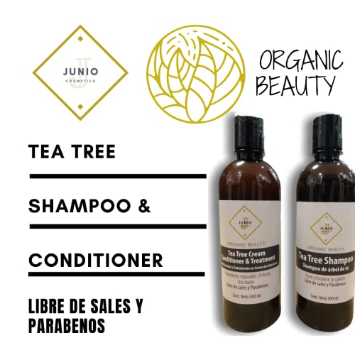 PACK SHAMPOO Y TRATAMIENTO TEA TREE SIN SALES NI PARABENOS 2 UNIDADES 500ML C/U JUNIO COSMETICS
