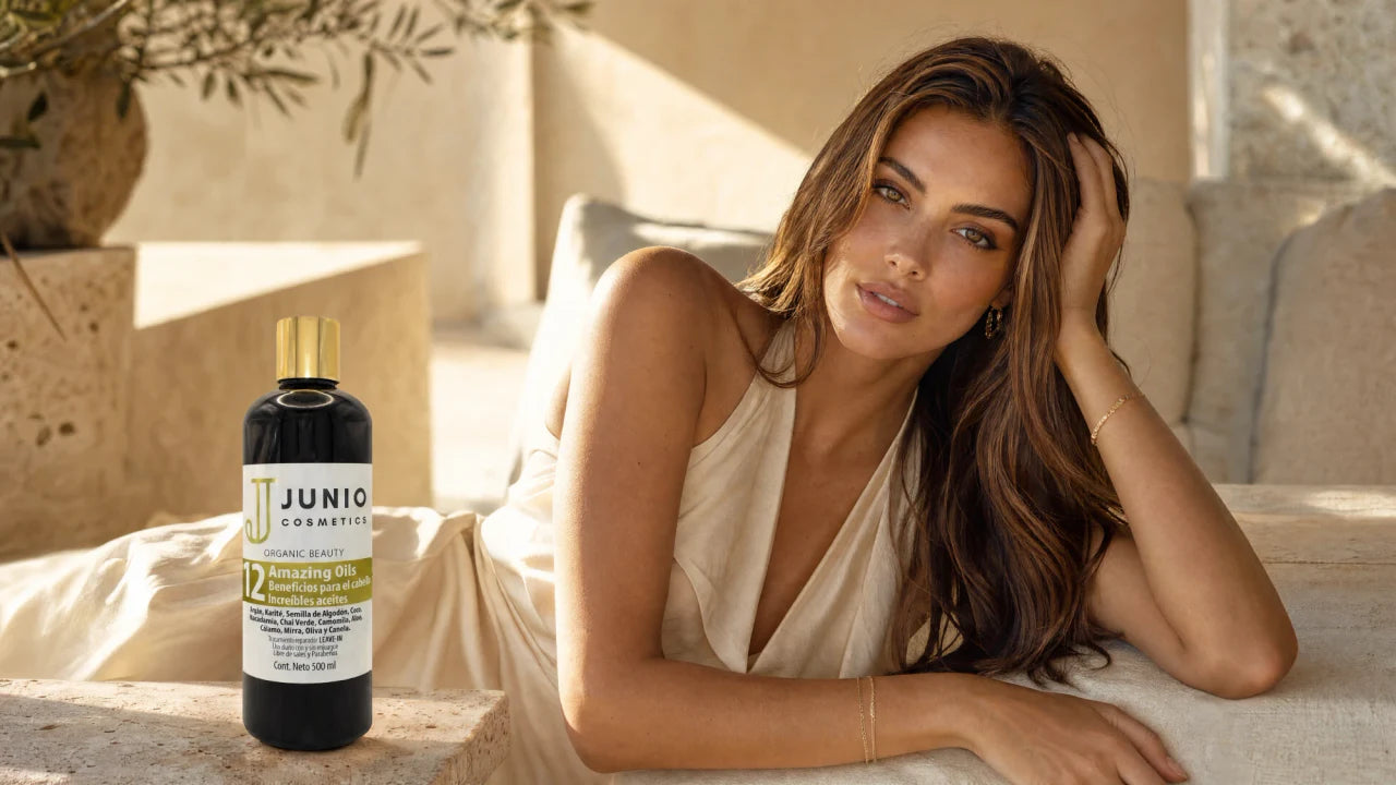 Campaña JUNIO: modelo de cabello largo castaño, recostada al sol en una terraza de piedra con vestido crema, junto a un frasco de 12 Amazing Oils JUNIO y un olivo.