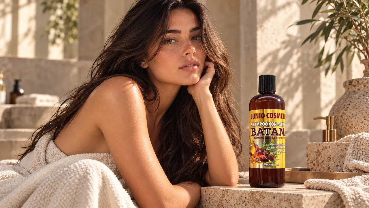 Campaña JUNIO: modelo de cabello oscuro y largo en un spa mediterráneo, junto a un frasco de Shampoo con aceite de Batana JUNIO sobre piedra.