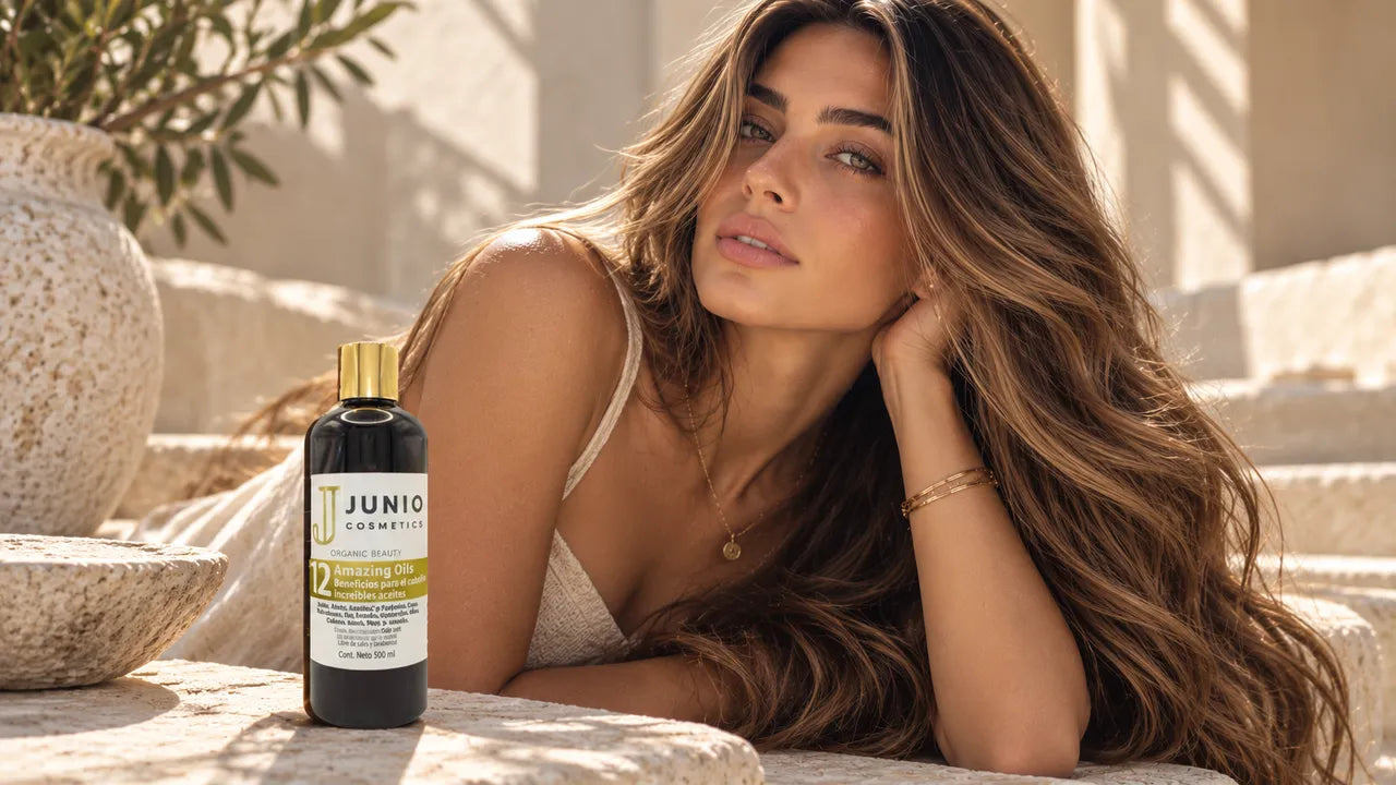 Campaña JUNIO: modelo de cabello largo castaño con reflejos, recostada sobre piedra junto a un frasco de 12 Amazing Oils, con olivo y luz mediterránea.
