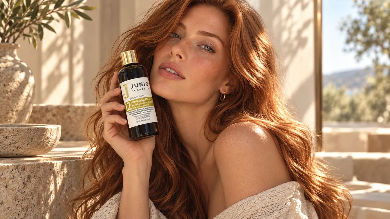 Campaña JUNIO: modelo pelirroja con pecas sostiene un frasco de 12 Amazing Oils JUNIO junto al rostro, con luz natural cálida.
